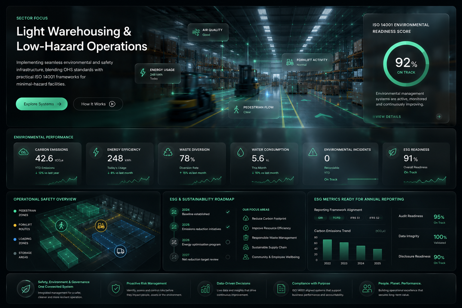 Light Warehousing and Low-Hazard Operations ESG and ISO 14001 operational environment